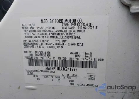 2018 Ford Ecosport Se из США, поврежденный, VIN MAJ6P1UL7JC241995